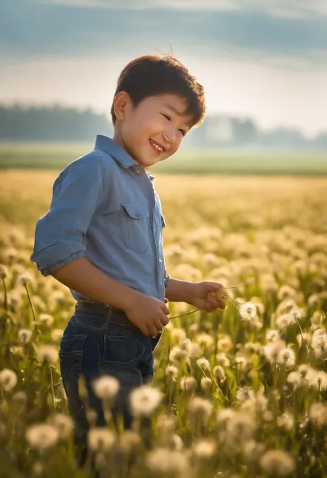 (zh-CN) farm land, Morning dew, Sun-roasted wheat field, Dandelions in bloom leisurely, (1 boy), A big smiling face in the bright sun, Wear light cotton clothing, Blue shirt, Kind and natural.