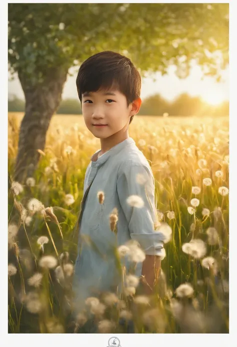 (zh-CN) farm land, Morning dew, Sun-roasted wheat field, Dandelions in bloom leisurely, (1 boy), A big smiling face in the bright sun, Wear light cotton clothing, Blue shirt, Kind and natural.