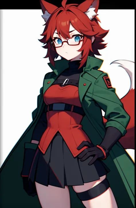 softly toned young adult, small breasts, short scruffy red hair, fox girl, pale blue eyes and black glasses, wearing a dark green coat, red comfy undershirt, long black pleated skirt, blak autumn gloves, shocked surprised character