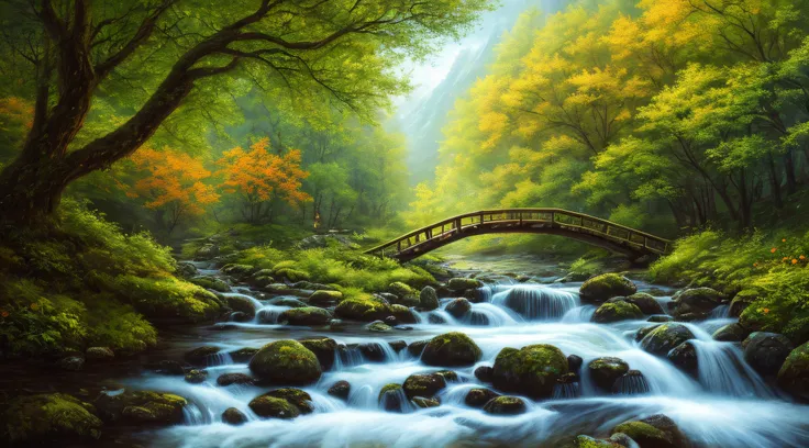 masterpiece, best quality, high quality,extremely detailed CG unity 8k wallpaper, An enchanting and dreamy scene of a fantasy forest, beautiful cottage beside a stream,a stone bridge,with towering trees, glowing flowers, and hidden fairy glens, creating a ...