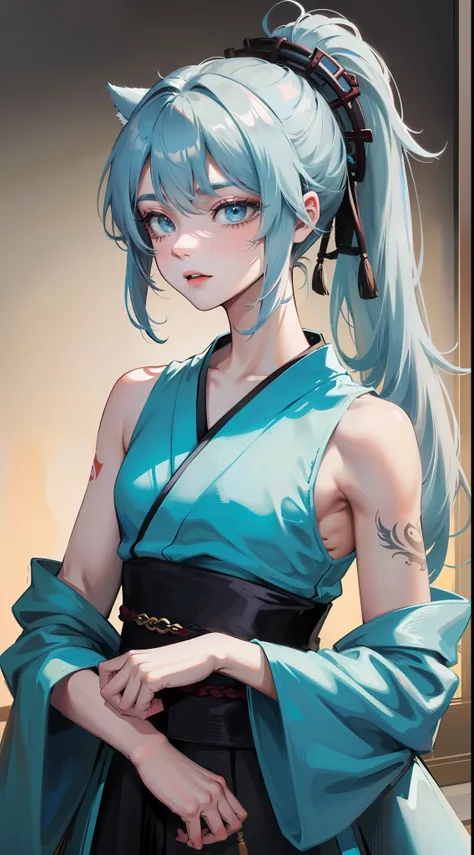 Young guy, short gray hair, high ponytail, Cyan eyes, Cats ears, Hanfu, Sleeveless, Tatoo, Masterpiece, hiquality