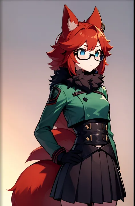 softly toned young adult, small breasts, short scruffy red hair, fox girl, pale blue eyes and black glasses, wearing a dark green coat, red comfy undershirt, long black pleated skirt, black autumn gloves, shocked surprised expression