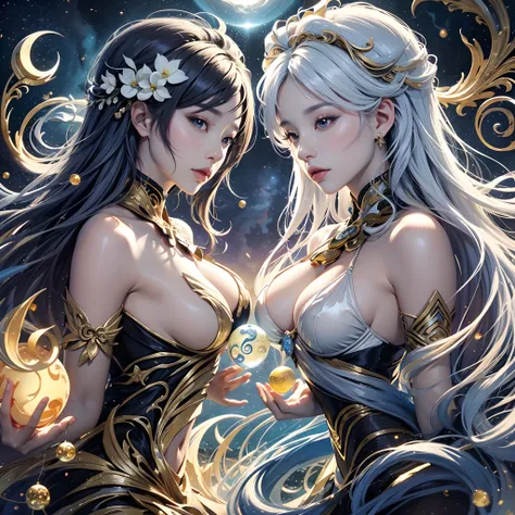 AI-generated painting at Sea Art、It depicts a fascinating image of yin and yang, (Max Quality, Exquisite design, The best lighting, Better shading). Statues of two mermaids in the shape of yin and yang. Inside the crystal ball, Under the moon and sun, Brin...