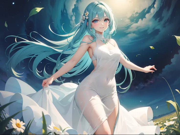 Pretty girl　In the cosmos field　Light blue hair　Long　Black eyes　a smile　Green and white long dress　breezing　Sunnyday