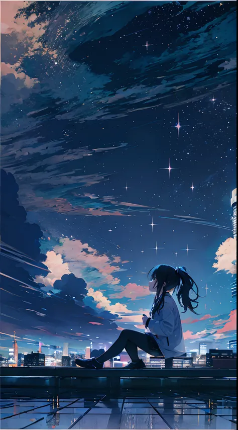 octans, sky, star (sky), scenery, starry sky, night, 1girl, night sky, solo, outdoors, building, cloud, milky way, sitting, tree...