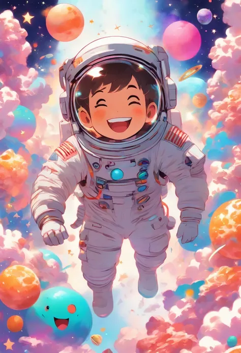 Create a joyful and vibrant digital art illustration of a cheerful astronaut in a whimsical, outer space setting. Use a bright and happy color palette to bring the astronaut to life, and design a background that includes playful elements like colorful plan...