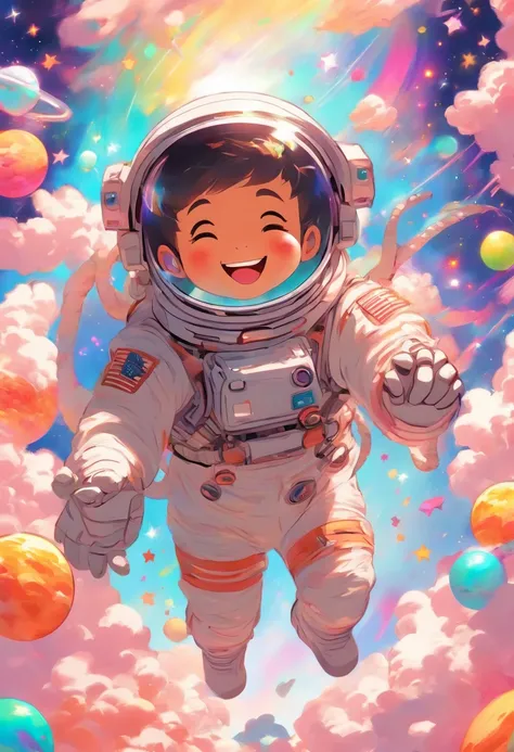 Create a joyful and vibrant digital art illustration of a cheerful astronaut in a whimsical, outer space setting. Use a bright and happy color palette to bring the astronaut to life, and design a background that includes playful elements like colorful plan...