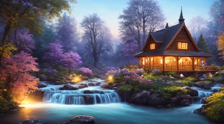 masterpiece, best quality, high quality,extremely detailed CG unity 8k wallpaper, An enchanting and dreamy scene of a fantasy forest, beautiful cottage beside a stream,with towering trees, glowing flowers, and hidden fairy glens, creating a sense of mystiq...