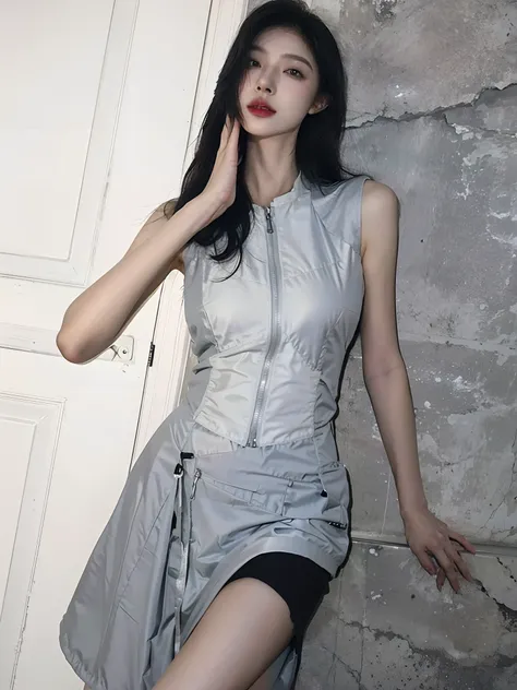 araffe woman in a gray dress posing for a picture, muted cyberpunk style, inspired by Gao Cen, shaxi, jia, photograph of a techwear woman, style mix of æon flux, style is a blend of æon flux, Inspired by Gao Xiang, wearing japanese techwear, Inspired by Ga...