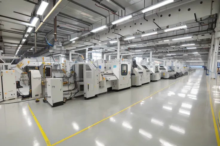 Arafeld plant，Machine and equipment in a large room, factory floor, interior of a huge robot factory, in a factory, 3CE Electronics Factory, Futuristic production facility, manufacturing, High-tech factory, high-tech environment, introduction factory photo...