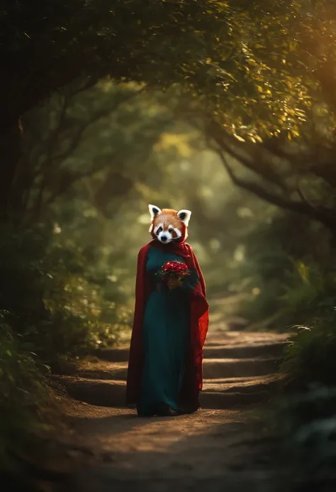 Compose a captivating and realistic photograph that blends the traditional beauty of a Malay girl in a hijab with the enchantment of a fantasy world. Transport your subject and the giant red panda into a magical realm filled with lush, otherworldly landsca...