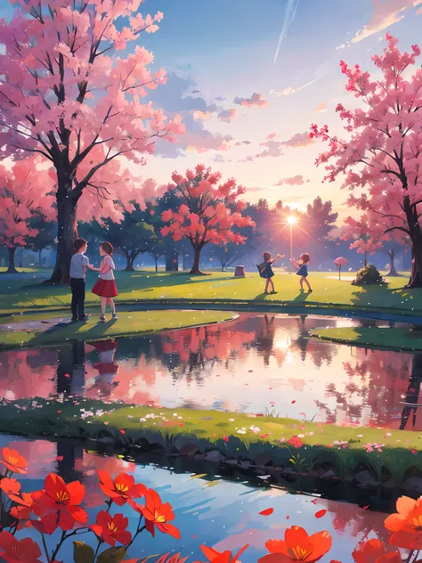 three kids, playing on a beautiful park, sunset, surrounded by flowers, spring. red cross, high res, ultrasharp, 8k, masterpiece