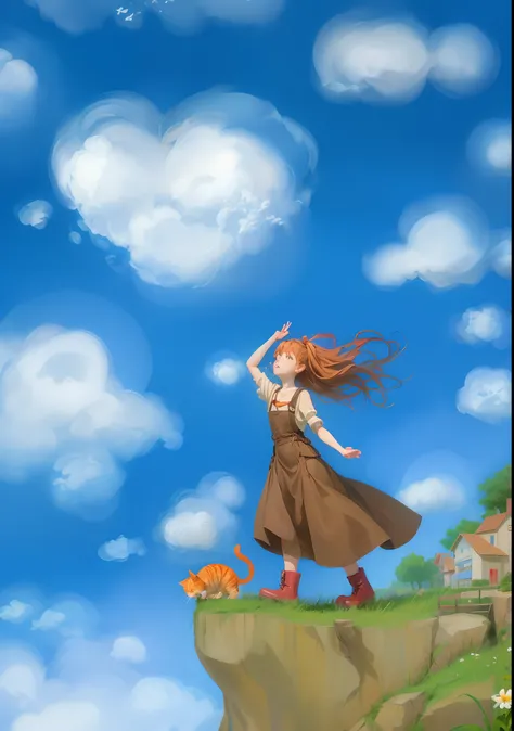 tmasterpiece,1 girl on the edge of the cliff,Wear brown strap brown,Right hand raised,1 orange cat,blue-sky,Lovely clouds,house,The tree,Soft light,style of anime