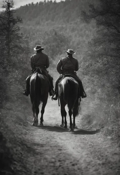 Old black and white photograph from 1900 showing revolutionary soldiers riding their horses on a rural dirt road.