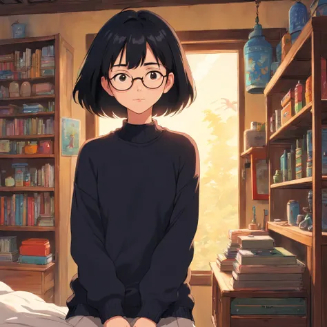 girl, wearing eyeglasses, short black hair, wearing black sweater, at her room