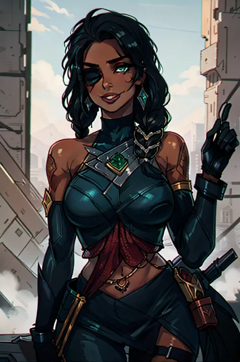 Desert,, samira (league of legends), league of legends, 1girl, jewelry, tattoo, eyepatch, earrings, green eyes, braid, long hair, dark skin, gloves, armor, navel, bracelet, lips, hair over shoulder, smile, looking at viewer, arm tattoo, mole, mole above mo...