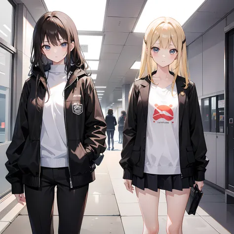 Create an image of two cute anime characters, Yori and Aina, standing in a college hallway. Yori is a beautiful black-haired girl with a lot of attitude. She is stylish and extroverted, and she is wearing a leather jacket, a white college shirt, a dark bro...