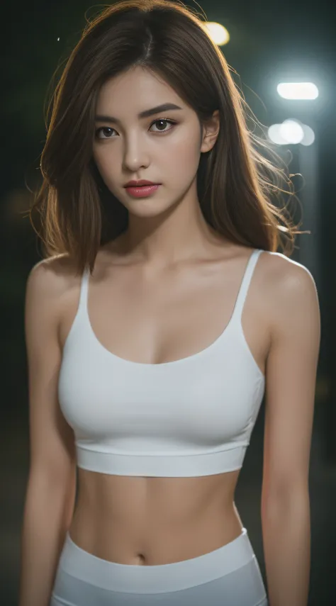 ((Realistic lighting, Best quality, 8K, Masterpiece: 1.3)), Clear focus: 1.2, 1girl, Perfect beauty: 1.4, Slim abs: 1.1, ((Dark brown hair)), (White crop top: 1.4), (Outdoor, Night: 1.1), Park view, Super fine face, Fine eyes, Double eyelids,