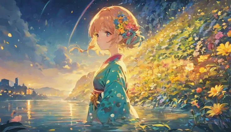 Spirit floating in pale shape, Woman in yukata with colorful flowers walking along the river. Her beautiful face and brightly colored glowing eyes. Dark night river、Illuminated fantastically by the floating light of the spirits. Woman walking with hand lan...