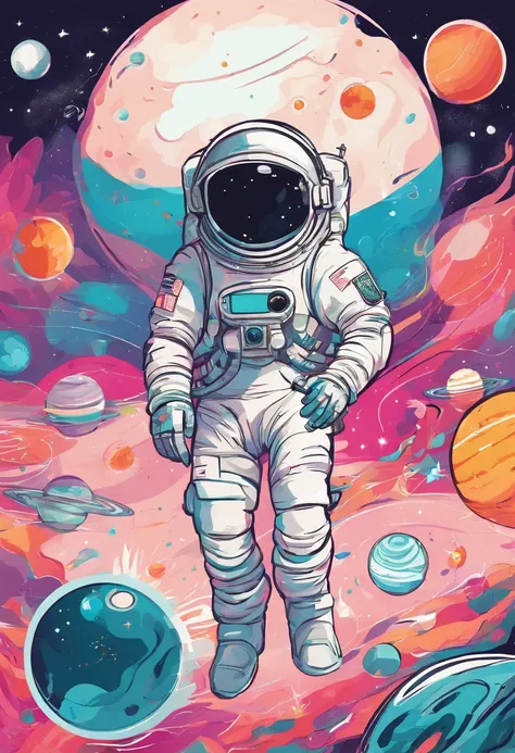 Create a joyful and vibrant digital art illustration of a cheerful astronaut in a whimsical, outer space setting. Use a bright and happy color palette to bring the astronaut to life, and design a background that includes playful elements like colorful plan...