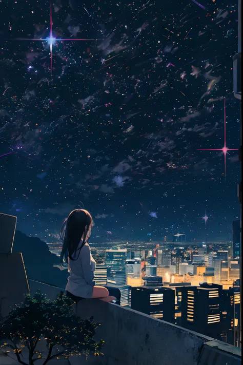 octans, sky, star (sky), scenery, starry sky, night, 1girl, night sky, solo, outdoors, building, cloud, milky way, sitting, tree...