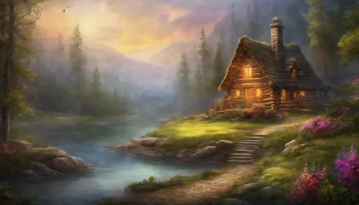 masterpiece, best quality, high quality,extremely detailed CG unity 8k wallpaper, An enchanting and dreamy scene of a fantasy forest, beautiful log cabin beside a stream, with towering trees, glowing flowers, and hidden fairy glens, creating a sense of mys...