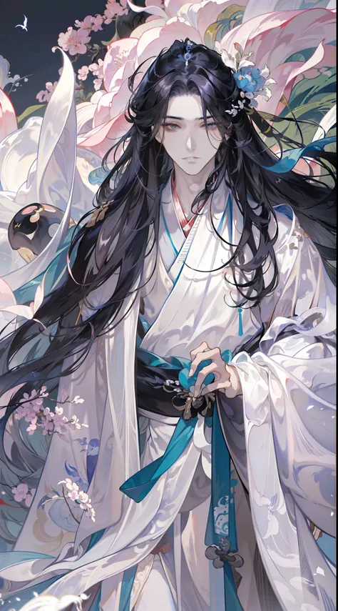 anime characters with black hair and white horses, flowing hair and long robes, heise jinyao, beautiful male god of death, hands...