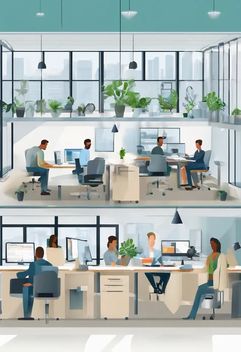 A small business automation demonstration featuring a diverse group of individuals in a modern office setting, showcasing advanced technology and efficiency. The scene depicts a bustling workspace with employees engaged in various tasks, promoting a sense ...