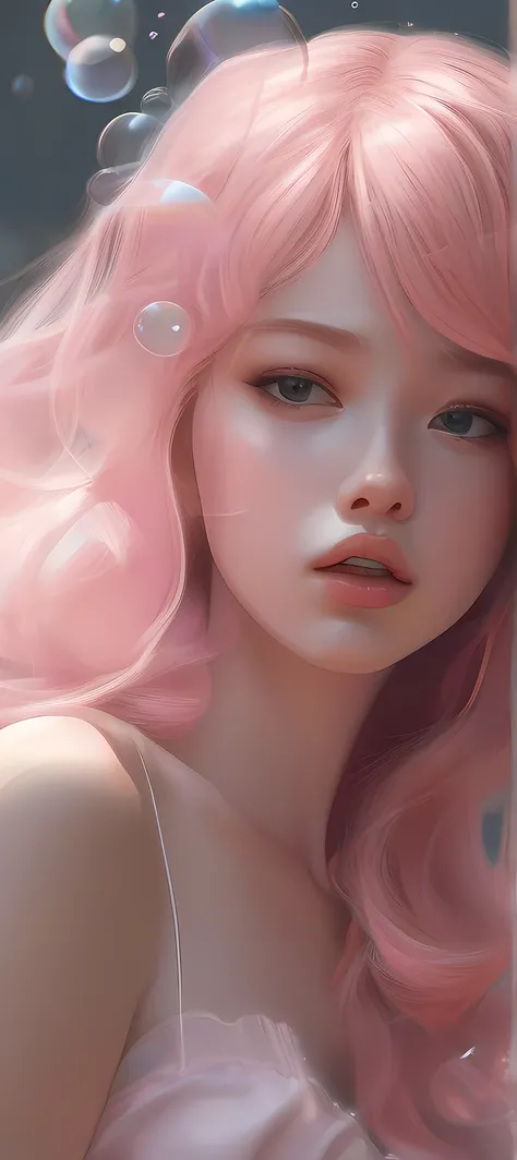 masterpiece, concept art, dynamic angle, a girl with pink hair blowing a bubble, by WLOP, featured on cgsociety, photorealism, lolita style, soft shadows on the face, sculpted out of candy, [ bubbles, naver fanpop, blonde anime girl with long hair, ( ( ( a...