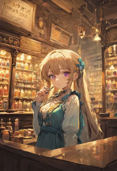 An antique shop where miscellaneous goods are displayed and、Suspicious female shopkeeper sitting behind counter smoking kissel pipe. She has a beautiful face and brightly colored shining eyes. She wears a gothic dress with intricate and delicate ornaments....