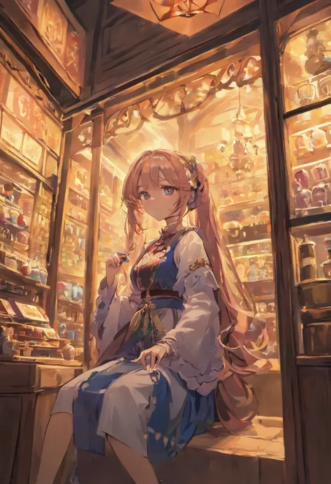 An antique shop where miscellaneous goods are displayed and、Suspicious female shopkeeper sitting behind counter smoking kissel pipe. She has a beautiful face and brightly colored shining eyes. She wears a gothic dress with intricate and delicate ornaments....