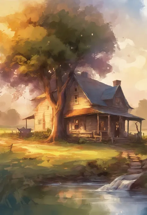 A farm house under the big tree beside the stream, Sunrise, dramatic soft light, watercolor painting, classic style, rich colors, brushstrokes, harmony color textures, expressive portraits, dynamic composition, capturing light and shadow, artistry, timeles...