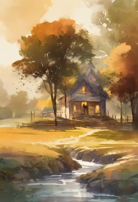 A farm house under the big tree beside the stream, Sunrise, dramatic soft light, watercolor painting, classic style, rich colors, brushstrokes, harmony color textures, expressive portraits, dynamic composition, capturing light and shadow, artistry, timeles...