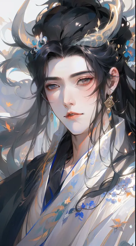 anime characters with black hair and white horses, flowing hair and long robes, heise jinyao, beautiful male god of death, hands...