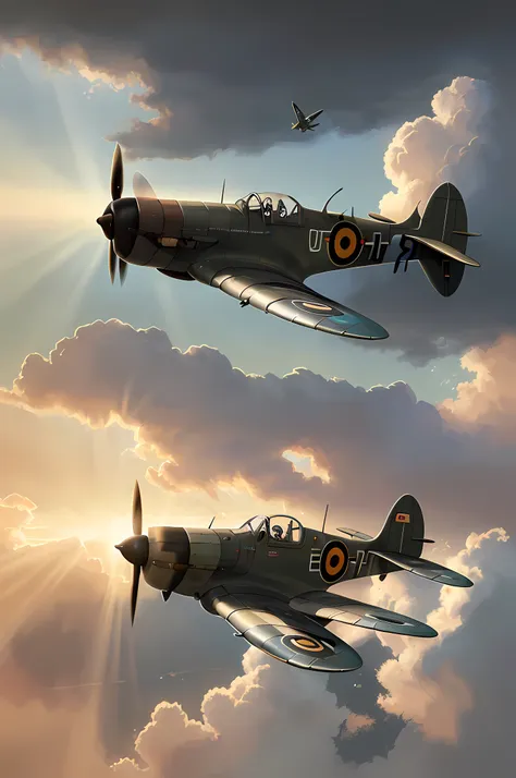 a picture of a Spitfire plane, flying in the sky, cloudy skies background, an epic a Spitfire plane (best details, Masterpiece, best quality :1.5) birds view, sun rays, divine rays, sense of awe, majestic atmosphere, ultra best realistic, best details, bes...