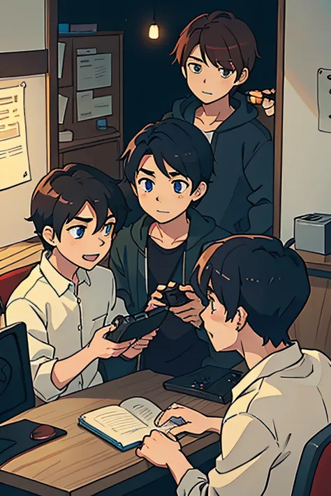 4 anime boys, 2 gaming,1 studying, one habing fun