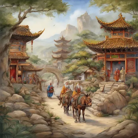 Journey to the West scene, There are 5 characters in total：Tang、son goku、 Sand monks、Pig Bajie、Hakuba，Ancient Chinese megacity environment，4 people and 1 horse shopping together，extreme hight detail，Chinese books《Journey》