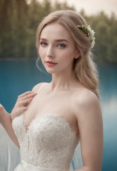 1 beautiful girl, (Realistic:1.3) (full bodyesbian:1.3), standing photo, Stand in front of the blue lake, White wedding dress, Soft dress, blond hairbl, Blue eyes, Wavy hair, Masterpiece, diffused soft lighting, Portrait, Best quality (Perfect face:1.4), U...