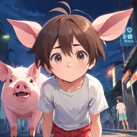 A little boy with pig ears and a pig nose。The upper body is wearing a white T-shirt，The lower body is wearing red shorts。The expression is terrified