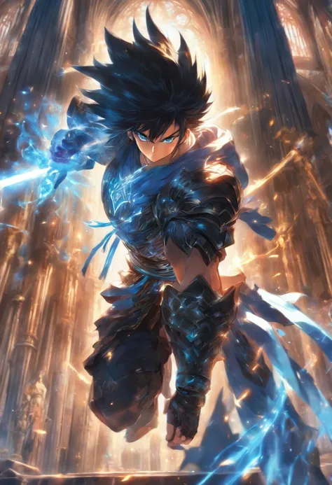 foreshortening, depth of field, masterpiece, best quality, 1boy, black hair, blue eyes, long hair tied up, cathedral, religious, solo, looking at viewer, black armor, divine, dappled sunlight,