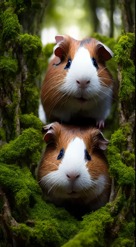 A guinea pig stands by the root of a tree，big trees，ln the forest，adolable，fluffly，realisticlying，Soft light，Mossy，Face the lens，reality,offcial art,8K quality,Super detail,fine detail skin，Big Mimi，Masterpiece，Best picture quality