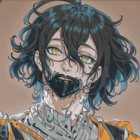 There is a painting of a man with short hair and black hair,  anime realism style, highly detailed exquisite fanart, Anime style portrait, Cold style，a broad shouldered，Headshot，mouth close，No teeth exposed，Warm yellow skin，A black mask covers the face，Sol...