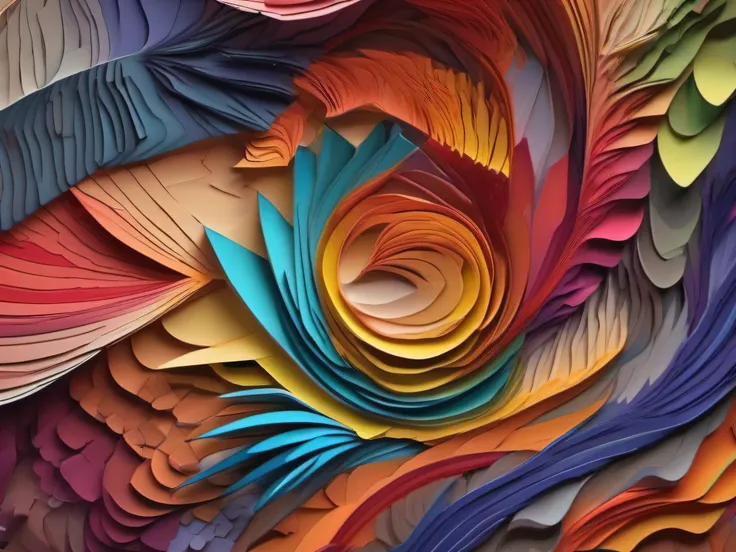 IMAGE OF AN ABSTRACT ARTWORK IN LAYERED PAPER CUTOUT STYLE, VERY COLORFUL. High-resolution details, fine texture, Highly photorealistic, Ultra HD 12k, --v 5.1, -- s 150,