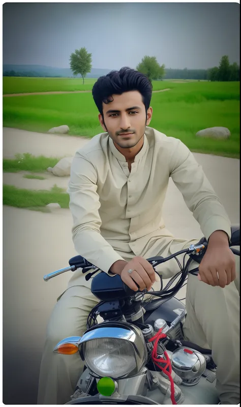 arafed man sitting on a motorcycle with a green field in the background, by Riza Abbasi, khyzyl saleem, photograpgy, edited in photoshop, very very low quality picture, ash thorp khyzyl saleem, old picture, kyza saleem, around 1 9 years old, !! low contras...