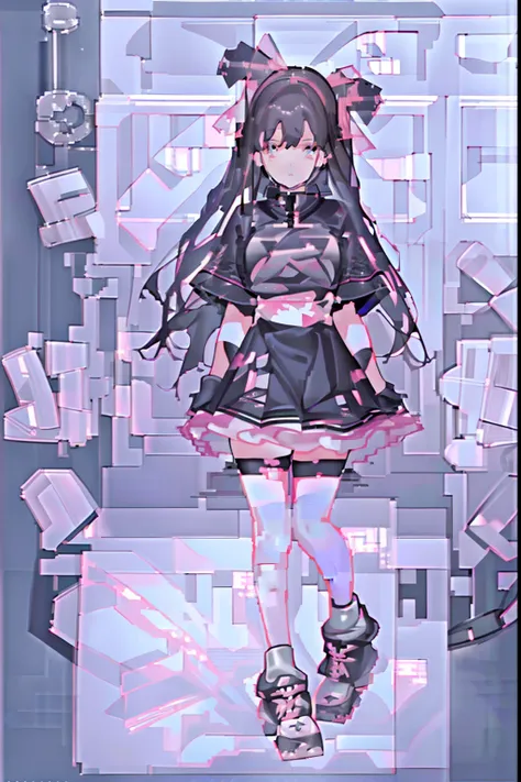 1girl,black hair, twintails, pink hair bow, purple eyes, shiny, ((fullbody)) ((woman)), gray baggy top, black arm gloves, cute black and pink matching platform sneakers, black skirt with pink trim and white lace, poster style, ((high quality)), ((high reso...