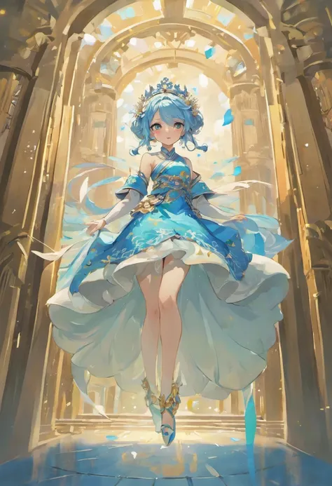 （in a panoramic view，Whole body diagram：1.5），（1 delicate girl playing on the swing），（Vine swing，Anime girl with blue hair and white dress with flower crown，palaces，hanfugirl），（Guviz-style artwork，Guvitz，inspired by Leng Mei，A beautiful fantasy queen，Inspir...