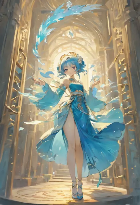 （in a panoramic view，Whole body diagram：1.5），（1 delicate girl playing on the swing），（Vine swing，Anime girl with blue hair and white dress with flower crown，palaces，hanfugirl），（Guviz-style artwork，Guvitz，inspired by Leng Mei，A beautiful fantasy queen，Inspir...