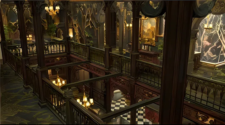 Large room with coffered floor and balcony。, gothic mansion room, inspired by Sydney Prior Hall, dark majestic ornate great hall, inspired by Adélaïde Victoire Hall, ornate retreat, exquisitely ornate, Gothic mansion, haunted gothic hotel, detailed scene, ...