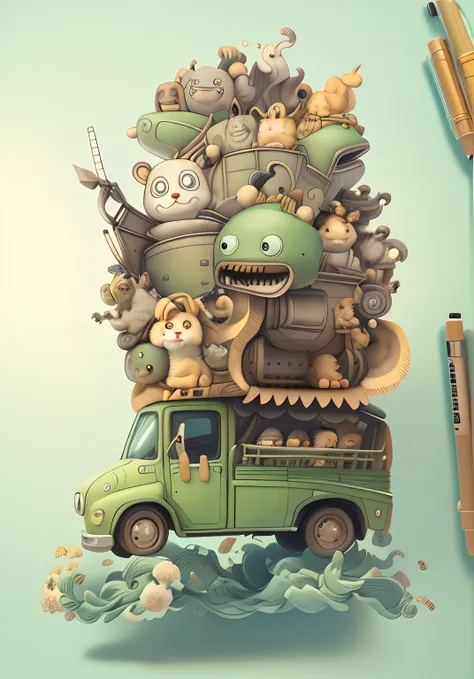 There is a diagram of a truck，There is a group of animals on it, cute detailed artwork, Cute detailed digital art, 3 d epic illustrations, Detailed 2D illustration, epic pencil illustration, Wonderful illustrations, overdetailed art, cute artwork, Illustra...