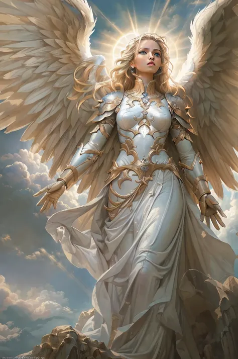 a picture of an exquisite archangel  (best details, masterpiece, best quality :1.5), flying in the sky, cloudy skies background,...